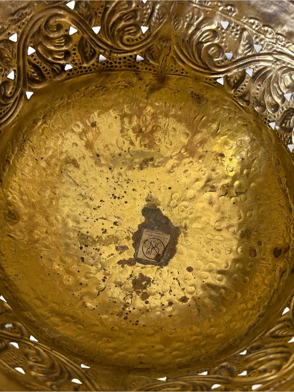 Brass Pedestal Bowl with Embossed Floral Motif - Gold Tone